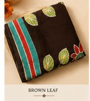 Green Brown Leaf — Pure Mulberry Silk Hand Batik Sari