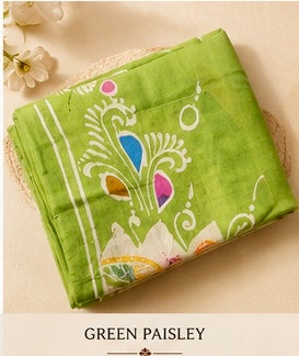 Green Paisley — Pure Mulberry Silk Hand Batik Sari