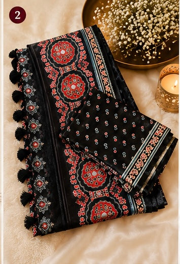 Black Ajrak Semi Modal Saree with Mirror Work (Paisley Pallu)