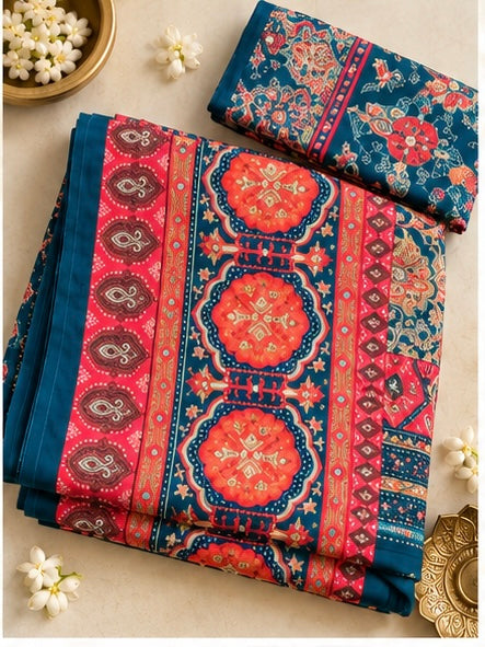 Mirrored Ajrak Semi-Modal Saree