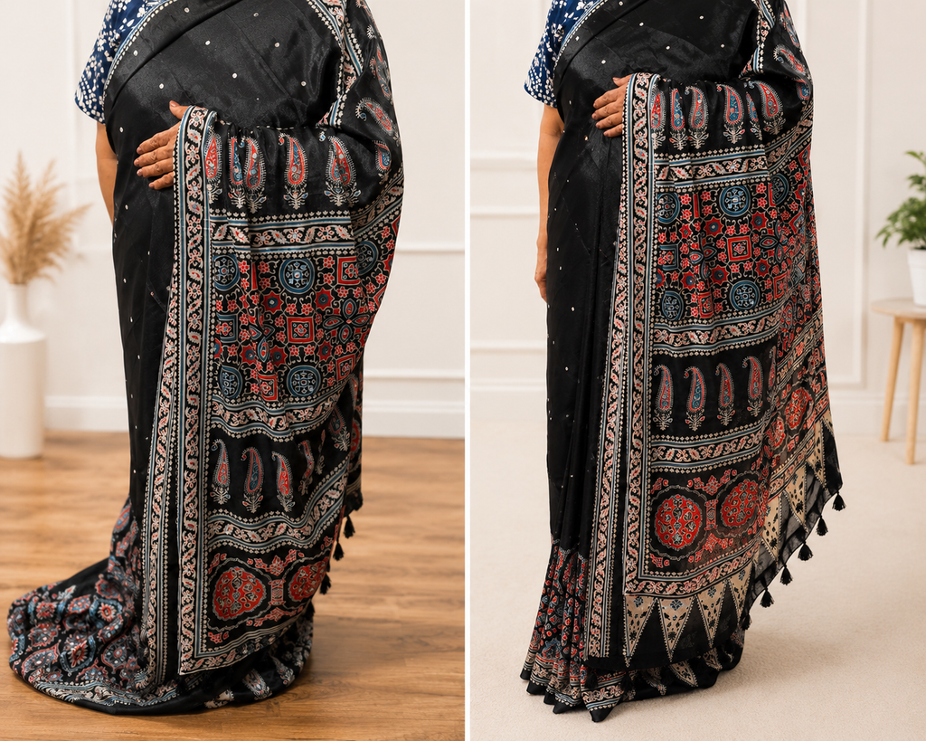 Black Ajrak Semi Modal Saree with Mirror Work (Paisley Pallu)