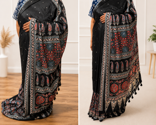 Black Ajrak Semi Modal Saree with Mirror Work (Paisley Pallu)