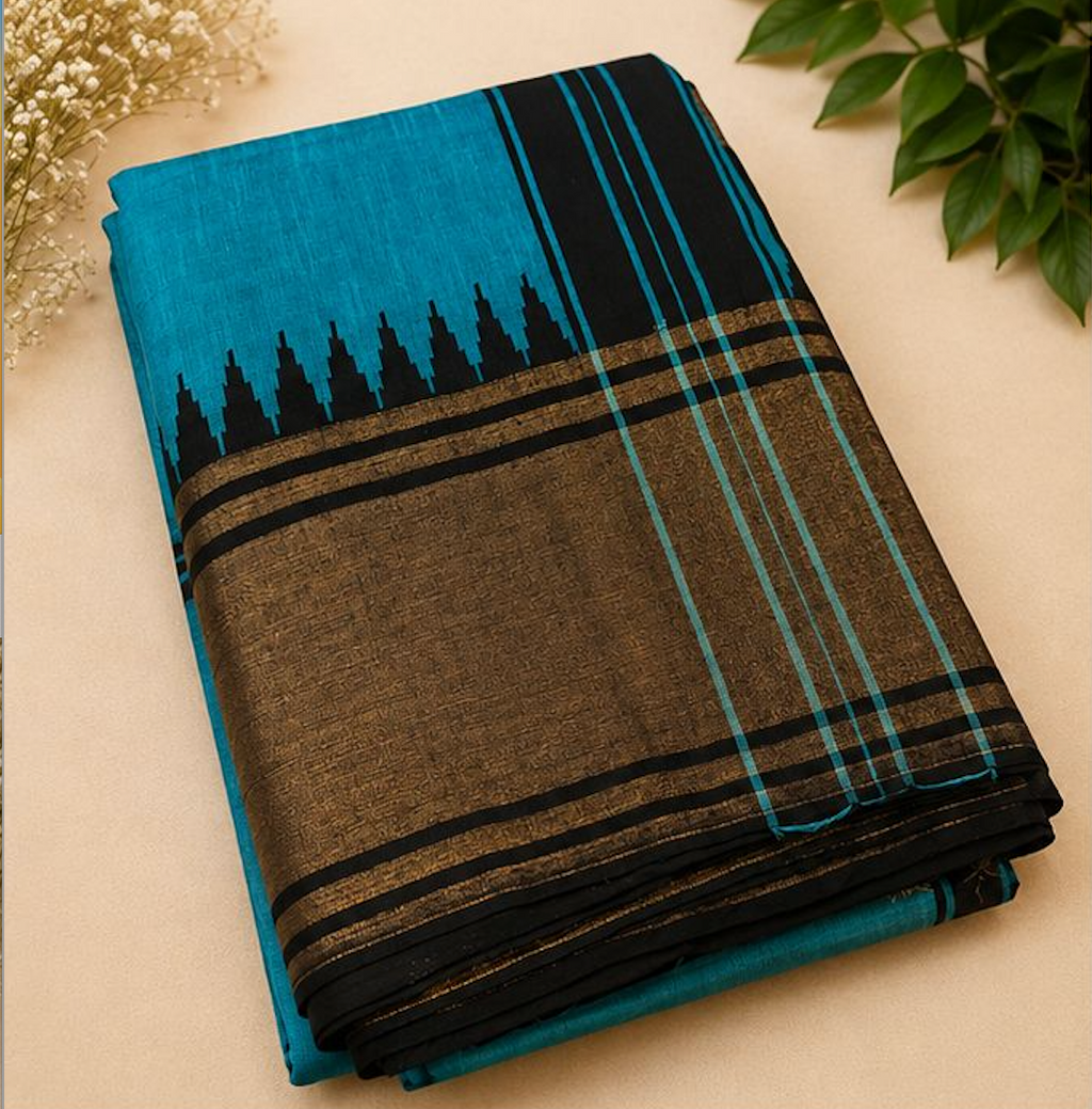 Black & Turquoise Temple Raw Silk Blend Saree