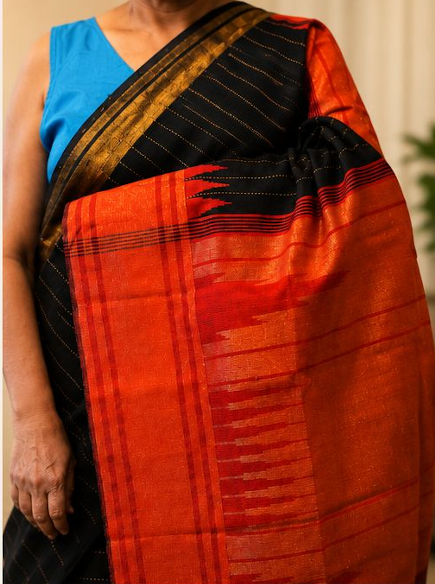 Black & Orange Temple Raw Silk Blend Saree