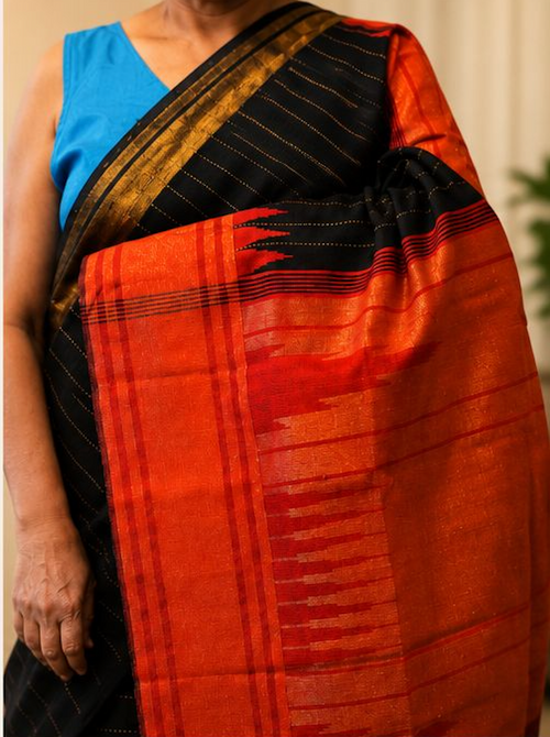 Black & Orange Temple Raw Silk Blend Saree