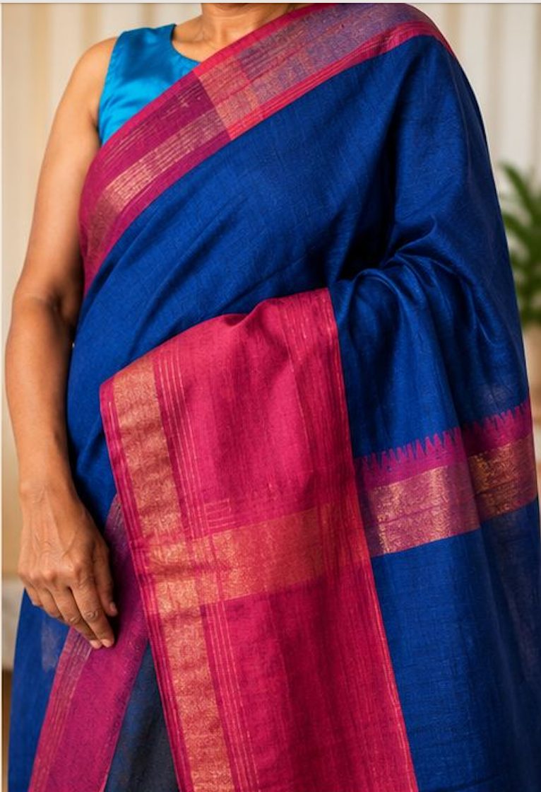 Royal Blue & Magenta Raw Silk Blend Saree
