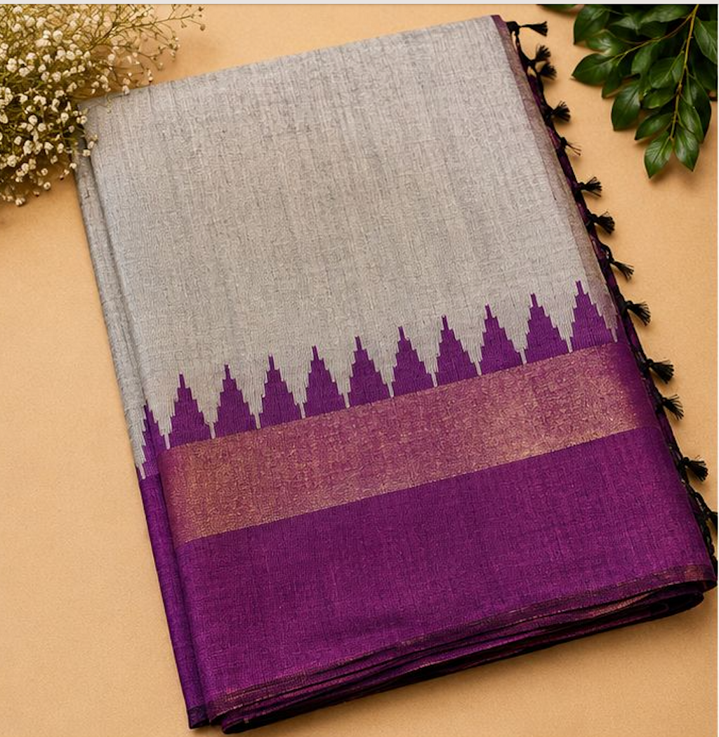 Grey & Purple Temple Raw Silk Blend Saree
