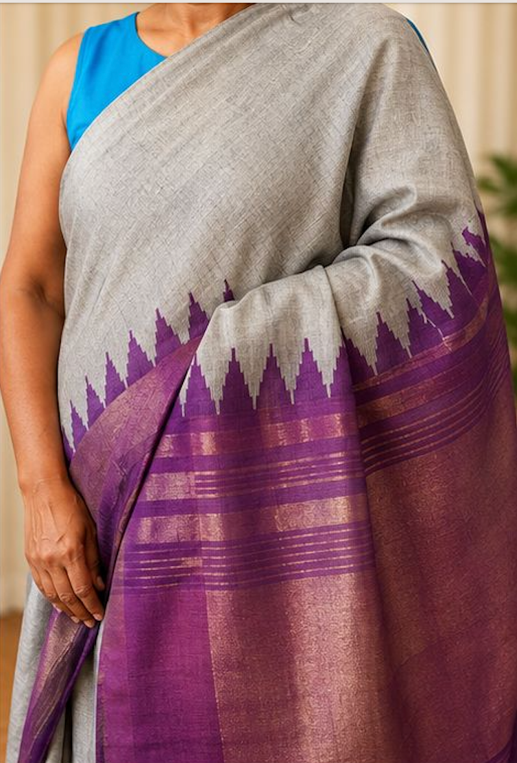 Grey & Purple Temple Raw Silk Blend Saree