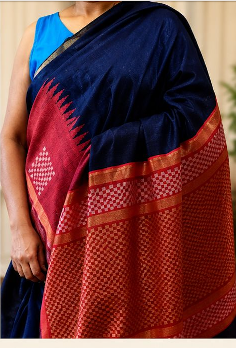 Navy & Magenta Temple Raw Silk Blend Saree