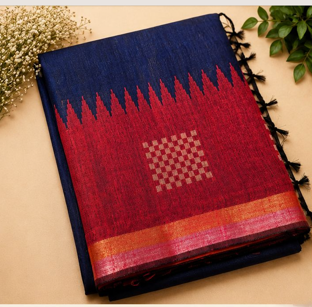 Navy & Magenta Temple Raw Silk Blend Saree