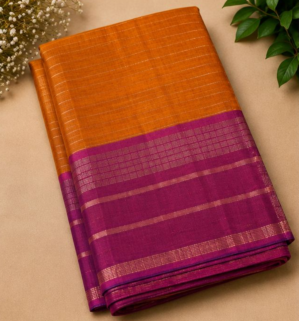Marigold Orange & Magenta Raw Silk Blend Saree