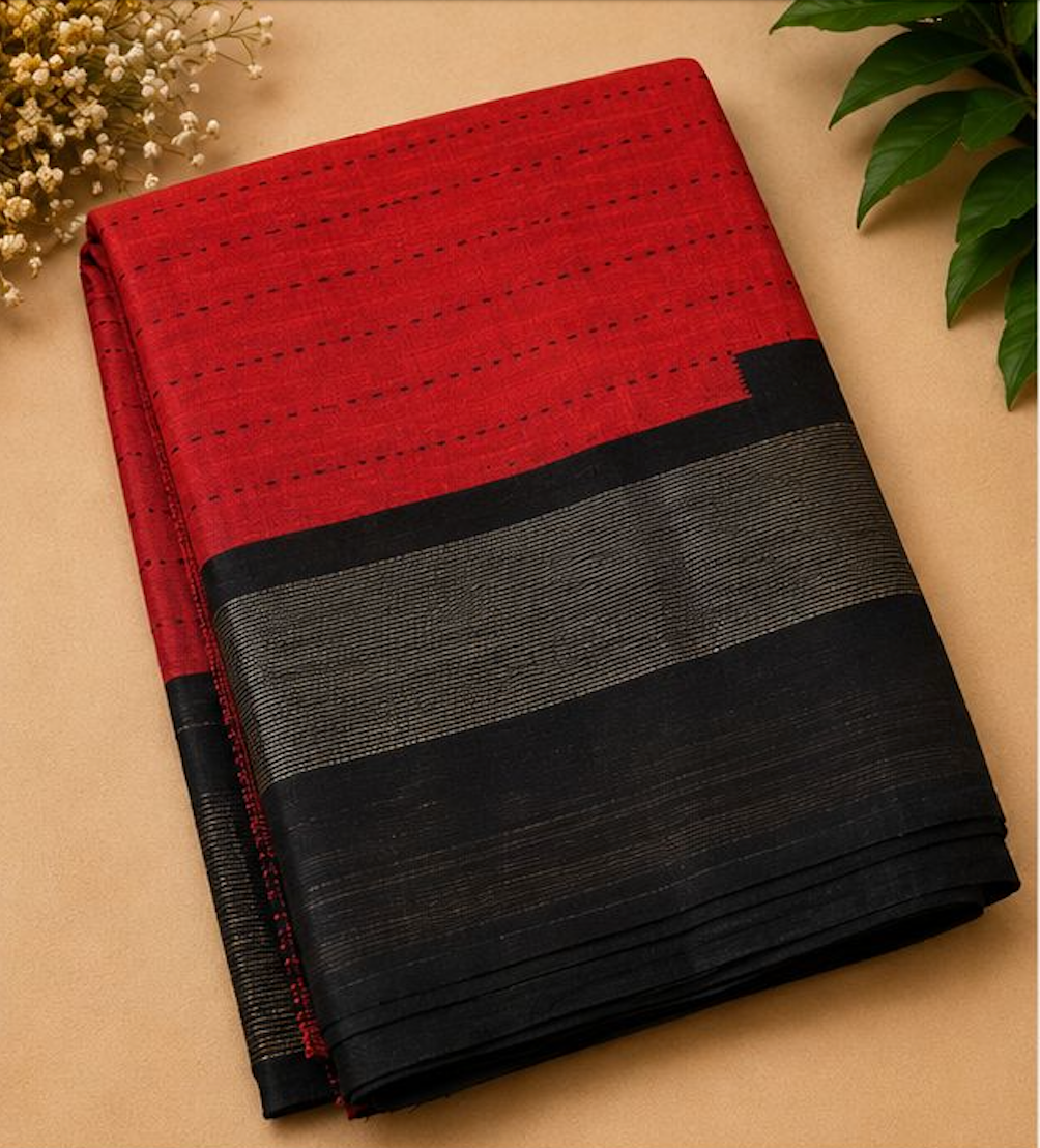 Red & Black Raw Silk Blend Saree