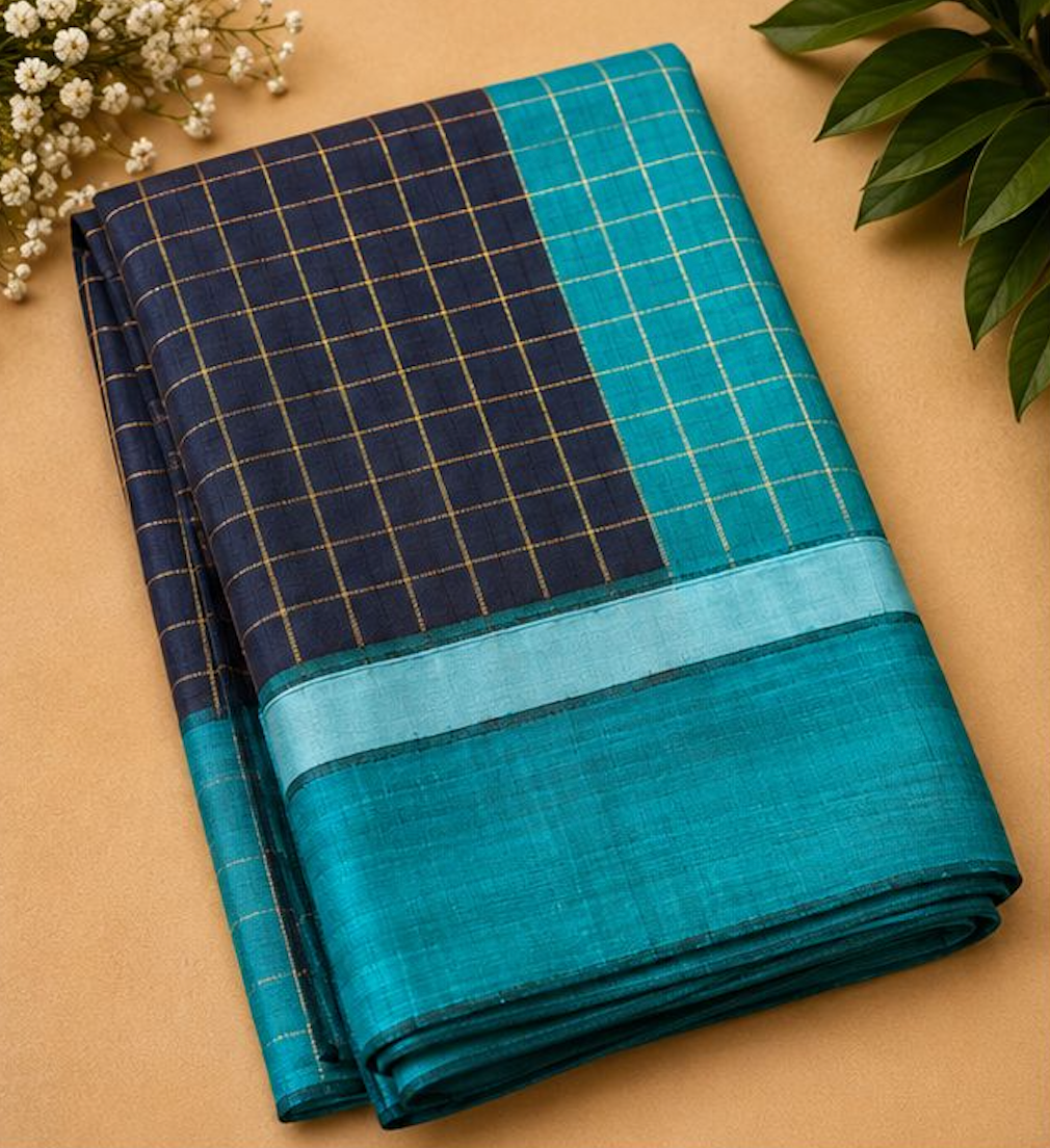 Navy & Teal Raw Silk Blend Saree