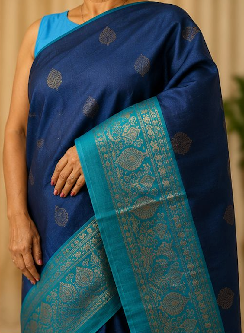 Navy & Teal Zari Raw Silk Blend Saree