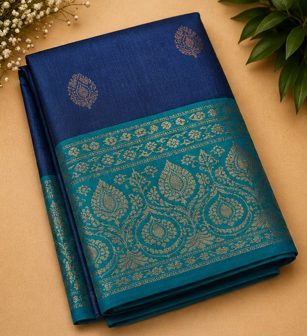 Navy & Teal Zari Raw Silk Blend Saree
