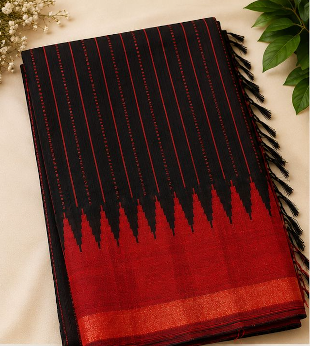 Black & Red Temple Raw Silk Blend Saree