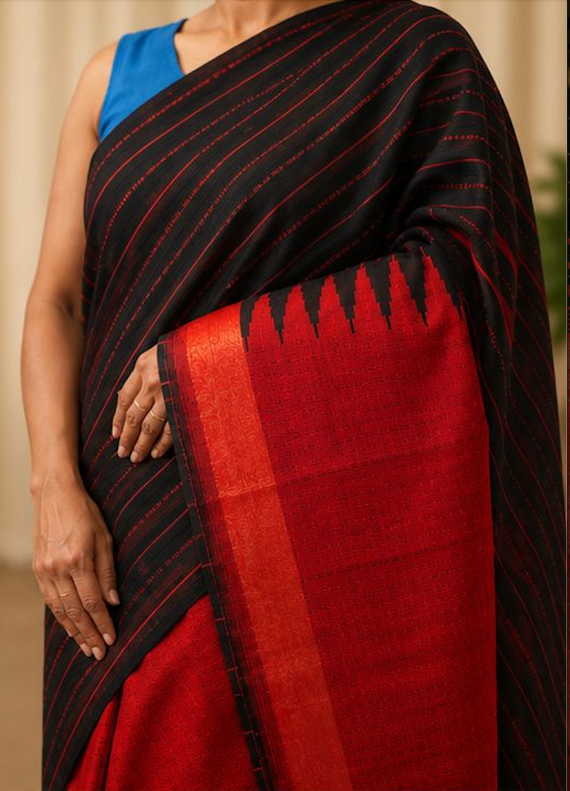 Black & Red Temple Raw Silk Blend Saree