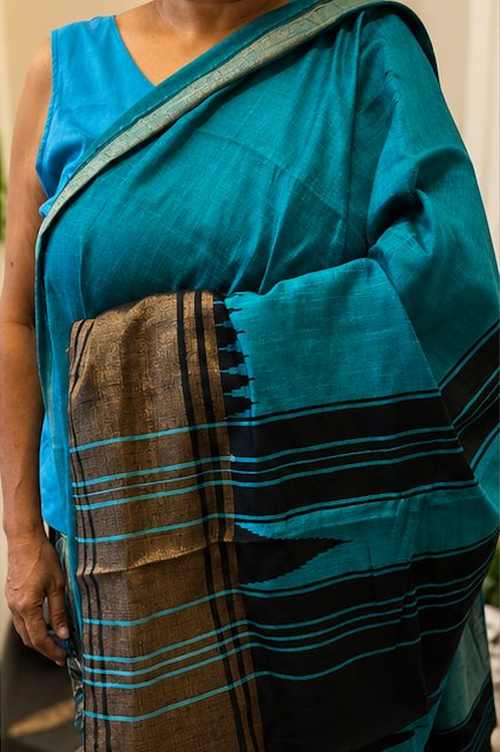 Black & Turquoise Temple Raw Silk Blend Saree