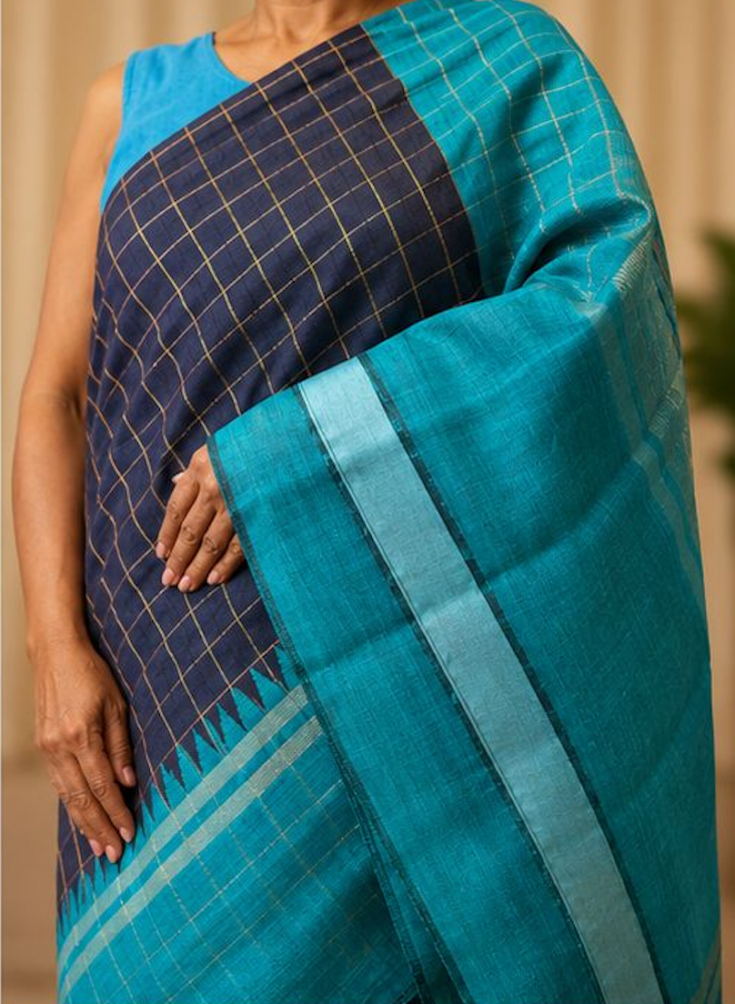 Navy & Teal Raw Silk Blend Saree