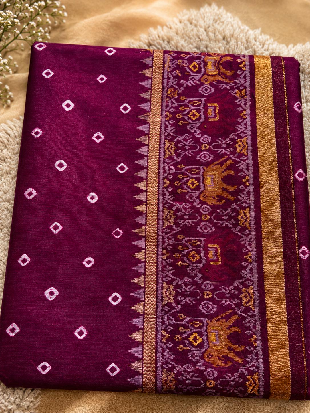 Crimson Bandhani with elephants and temple border