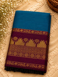 Teal Blue Silk-Cotton Kanjeevaram with maroon gold temple border