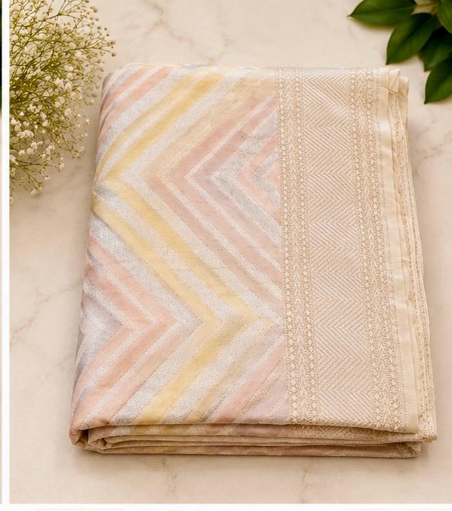 Pastel Cream Khaddi Georgette Banarasi Saree (Pure Silk)