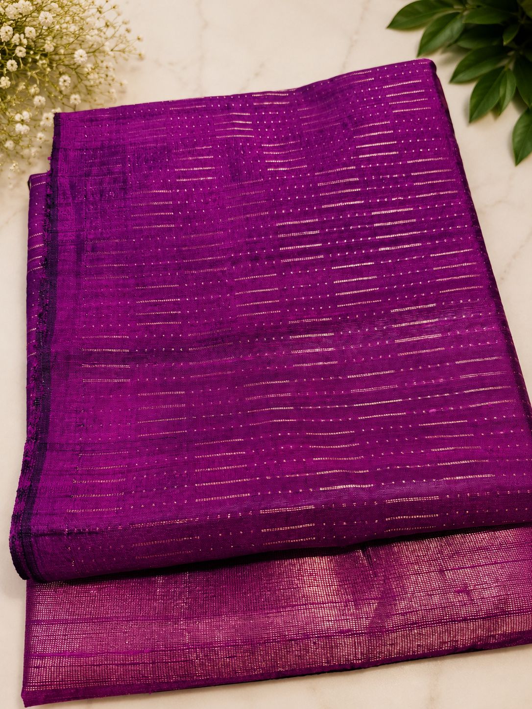Maroon Semi Raw Silk Saree — Gold Stripes