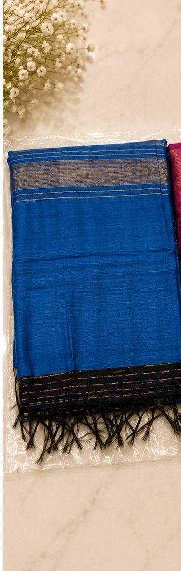 Black Semi Raw Silk Saree, Blue Border