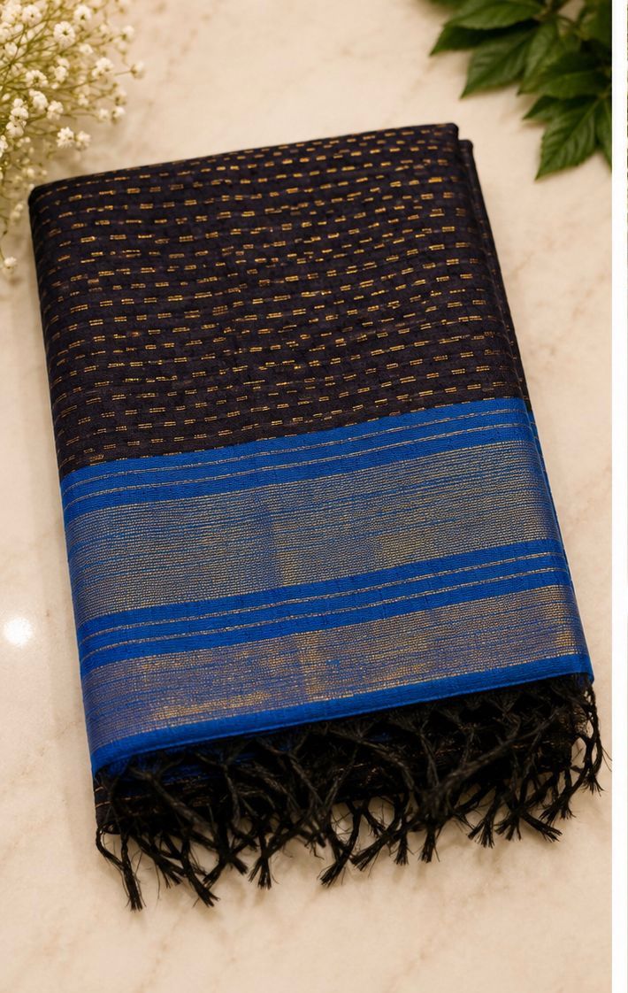 Black Semi Raw Silk Saree, Blue Border