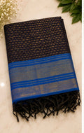 Black Semi Raw Silk Saree, Blue Border