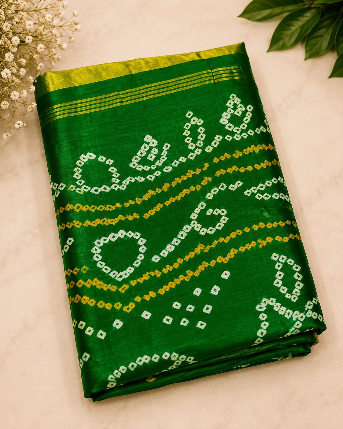 Green Crepe Bandhani Saree — Lagdi Patta Border