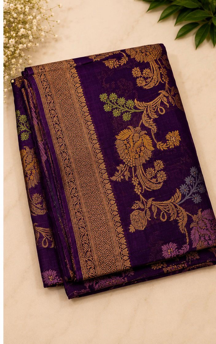 Purple Tussar Georgette Saree — Gold Zari Florals & Meenakari