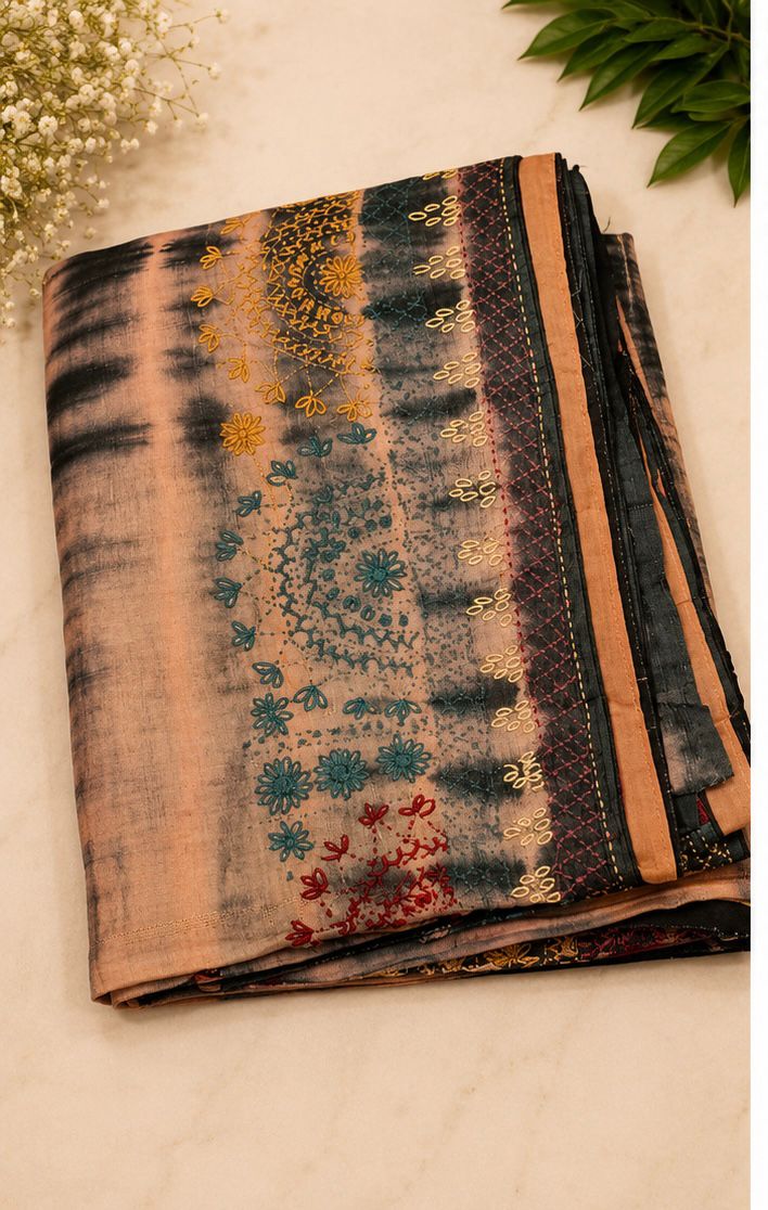 Tussar Silk Saree — Brown & Black Shibori with Kantha Work