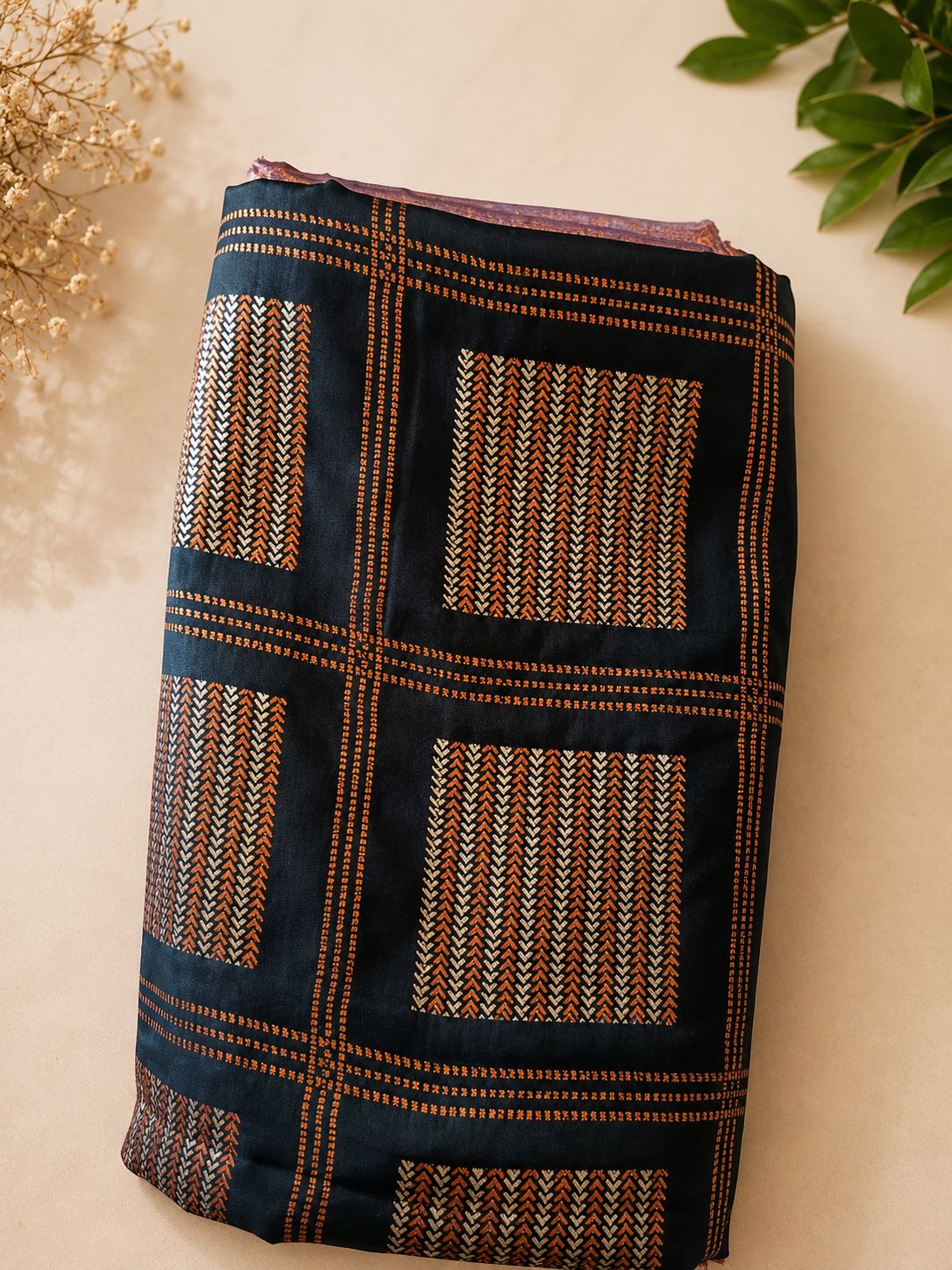 Geometric Grid Saree — Rust & Cream on Black