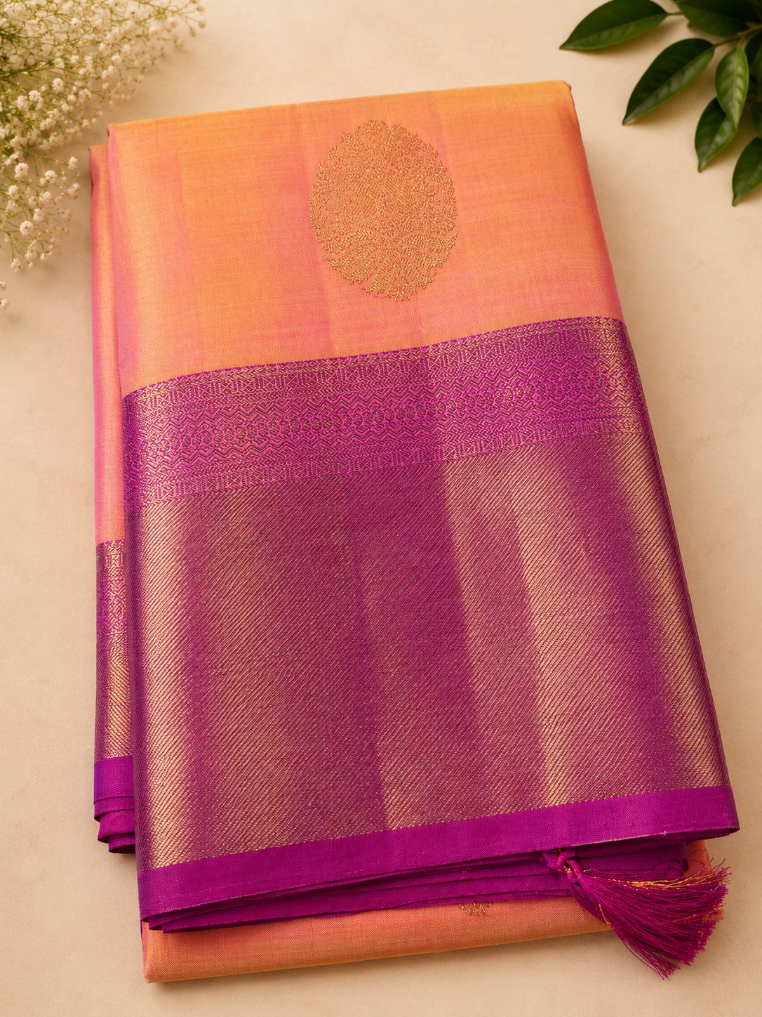 Salmon-Peach Kanjeevaram Saree Pure Silk with Rani Pink Border
