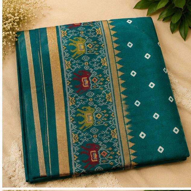 Crimson Bandhani with elephants and temple border